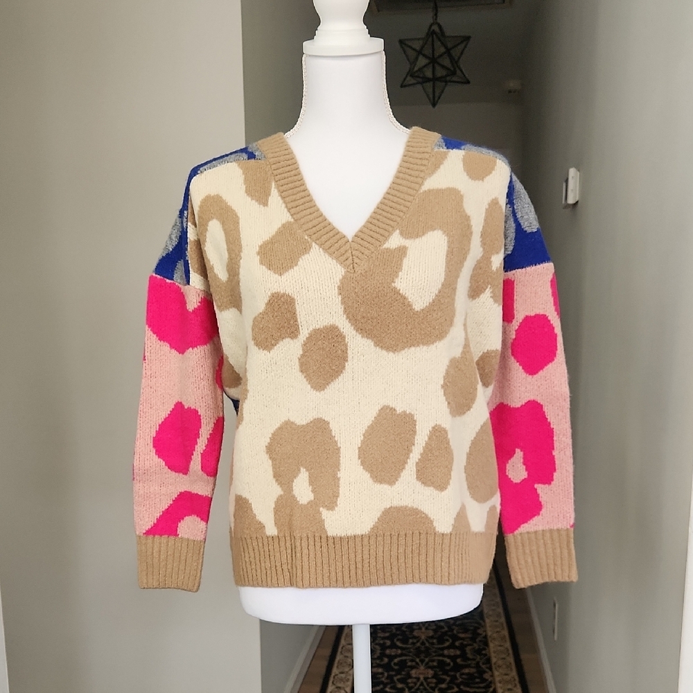 Central Park West Leopard Sweater Pullover V- Neck Colorblock Oversized Y2K XS